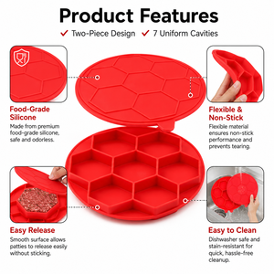 Moule à hamburgers en silicone à 7 cavités avec couvercle, résistant <span class=keywords><strong>au</strong></span> lave-vaisselle, qualité alimentaire, antiadhésif, pour la préparation de repas congelés et le barbecue - Product Image 3