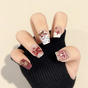 Ongles à presser de Noël et d'hiver, édition limitée, courts carrés, faits main, motifs Bonhomme en pain d'épices, Bonhomme de neige, Nœud, réutilisables, en ABS, style dessin animé, 10 pièces - Product Image 2
