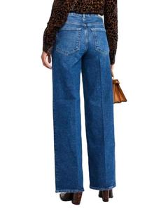 Pantalon large classique pour femmes de bureau, bleu foncé, taille haute, coupe droite, jean pour femmes - Product Image 3