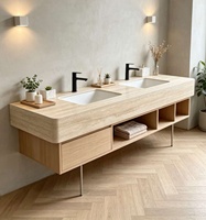 Plan de toilette en travertin naturel sur mesure, mobilier en pierre naturelle pour hôtel, villa, décoration de salle de bain