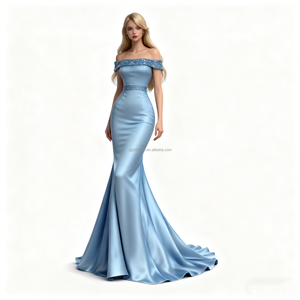 Robe longue sirène en satin à épaules dénudées bleu clair pour femme avec détail perlé, robe moulante élégante - Product Image 4