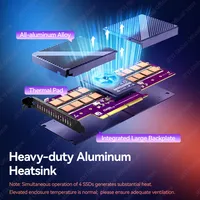 JEYI 4*NVMe SSD PCIe Adapter Non-Bifurcation Motherboard Mendukung RAID 0 1 5 JBOD Maks 128Gbps X8/X16 Port PWM Fan PCB Aluminium
