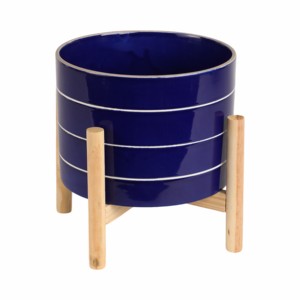Vaso in Ceramica a Righe con Supporto in Legno per Arredamento Casa, Fioriera per Ingresso, Patio, Tavolo, Giardino, Colorato - Product Image 3