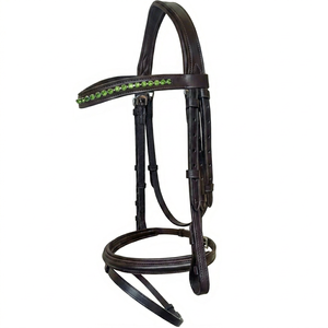 Bridon d'obstacle anatomique pour cheval anglais avec frontale en cristal vert, muserolle en cuir rembourrée - Product Image 1