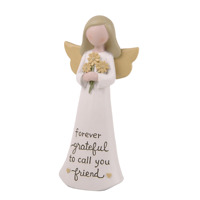 Figurine d'ange en résine ODM en gros, peinte à la main, ailes roses, tenant une fleur, inspirationnelle, pour la décoration d'étagères à la maison, cadeau pour les fêtes