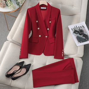 Women's Red Suit <b>Set</b> Double Breasted <b>Blazer</b> Pants Formal Work Business Wear Full Sleeve Anti-Wrinkle Worsted Fabric - Product Image 3