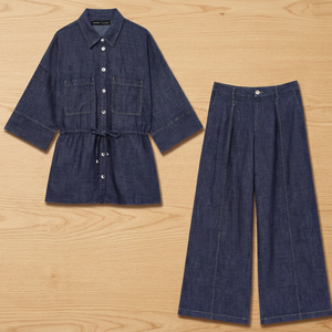 Conjunto de dos piezas de mezclilla para mujer, camisa de manga tres cuartos con bolsillos y pantalones de pierna ancha, estilo casual, holgado, para primavera/verano, color liso. - Product Image 3