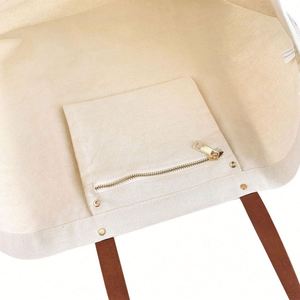 Custom Shopping Party Gift Ladies Single Shoulder Strap Zipper Pocket Cotton Canvas Tote <b>Bag</b> With Leather Handles - Product Image 3