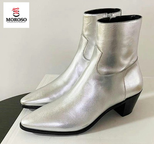 Nuevos zapatos de cuero genuino para hombre, <span class=keywords><strong>botines</strong></span> con punta en pico, botas de tacón cubano Chelsea, botas Chelsea gris plateado - Product Image 1