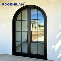 Puerta Francesa Arqueada de Doble Vidrio Personalizada Rogenilan, Puerta Exterior Doble de Aluminio con Acristalamiento Low-E y Rejillas