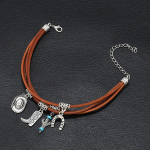 Bijoux Western Cowboy Cowgirl Chapeaux de cowboy en cuir à trois couches Bottes en fer à cheval Bracelet à breloques Cactus - Product Image 6