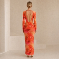 Robe longue moulante HY personnalisée de haute qualité en crêpe floral à col rond, imprimée numériquement, taille naturelle, pour femme, idéale pour les vacances à la plage