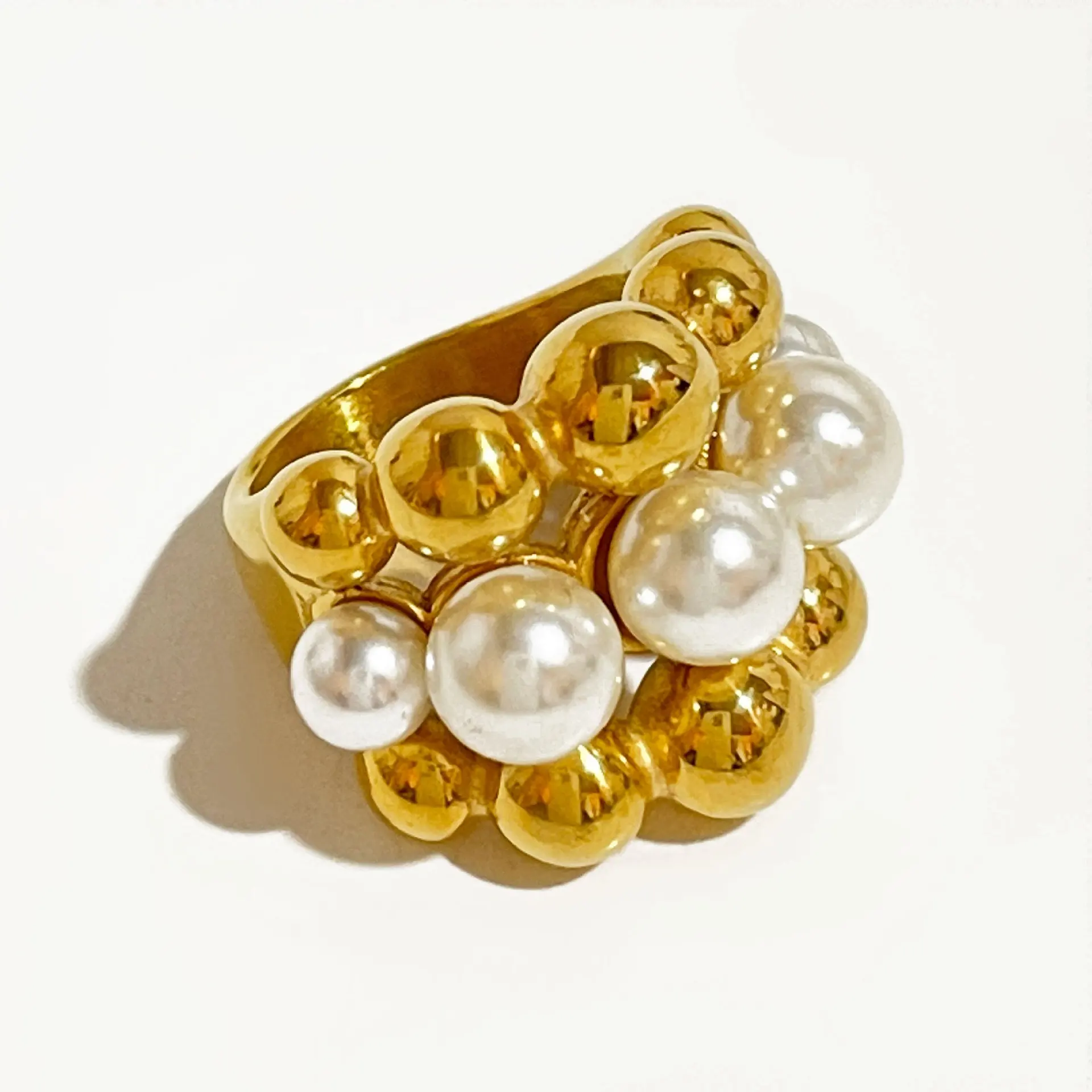 New Arrival Statement Stainless Steel 18k Gold Chunky Pearl Ring For Women Jewelry