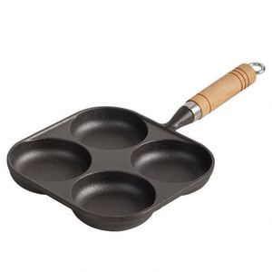 Poêle multifonctionnelle en fonte pour œufs et boulettes, quatre trous, antiadhésive, fond plat, poignée en bois épaisse, en fer non revêtu, carrée - Product Image 2