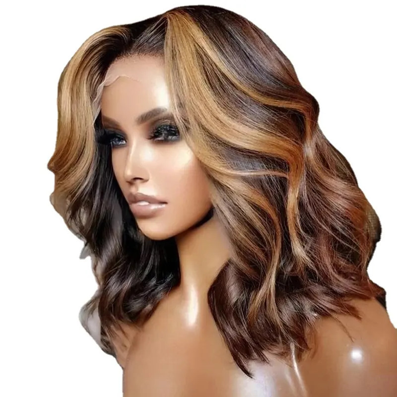 Transparante Hd Lace Frontale Pruik, Volledig Natuurlijk Golvend Bruin Met Blonde Highlight Losse Golf Ombre Kort Menselijk Haar Pruiken