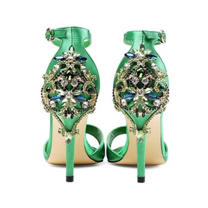 Produttore Custom Custom donna tacchi alti cinturino alla caviglia <span class=keywords><strong>sandali</strong></span> a spillo verde nero <span class=keywords><strong>raso</strong></span> Bling decorazione di cristallo genuino Le - Product Image 4