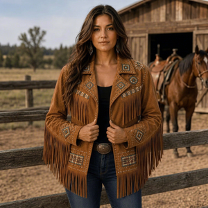 Chaleco de Motocicleta de Cuero Genuino Marrón para Mujer, Bordado Geométrico con Cuentas, Estilo Bohemio Occidental, Cuello en V, Prenda Exterior de Algodón - Product Image 1