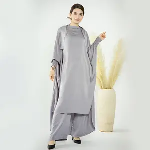 New Arrival 10 Colors Islamic Women Long Sleeve Two-piece Set Dress Top and Wide Leg Pants Muslim Abaya Suits