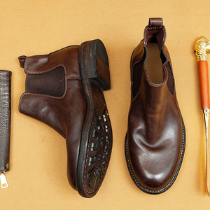 Botas de cuero genuino para hombre, altura al tobillo, punta redonda, sin cordones, suela de goma antideslizante, color sólido, impermeables, al por mayor - Product Image 2