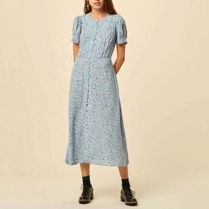 Robe mi-longue pour femmes, vêtements style des années <span class=keywords><strong>1920</strong></span>, tissu imprimé et texturé à rayures avec panneau floral et plissage au couteau, robe mi-longue - Product Image 6