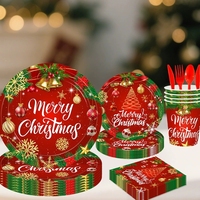Vaisselle Jetable sur le Thème de Noël, 20 Invités, Rouge et Vert, Décorations de Fête, Assiettes et Gobelets pour Joyeux Noël et Nouvel An