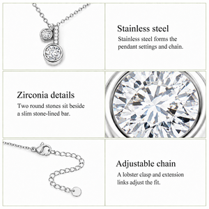 Collier à pendentif double rond en zircone, chaîne fine en acier inoxydable argenté avec extension réglable 45 cm - Product Image 3