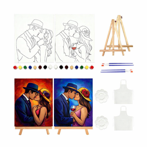 Wholesale 8x10 Inch Adults & Couples UV Printed Cartoon Style Sip and <b>Paint</b> Kit <b>Framed</b> Canvas Fabric With Easel And Apron - Product Image 1