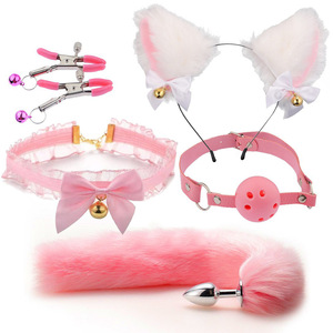 BDSM大人のおもちゃセット5個フォックステールメタルアナルプラグレース襟口プラグ胸クリップぬいぐるみヘアバンドロールプレイング用 - Product Image 3