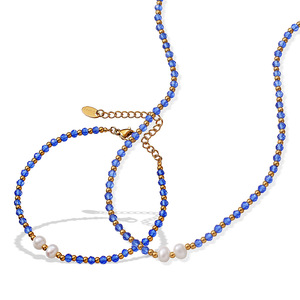 <b>Beaded</b> Necklace <b>Set</b> With Blue Crystals And Pearls For Women Fashion Jewelry Gift Unisex Stainless Steel Chain 2025 New Arrival - Product Image 5