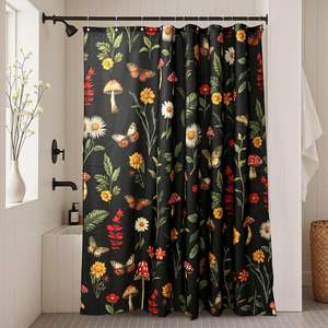 Classic Floral Butterfly Mushroom Shower <b>Curtain</b> Black Vintage Botanical Design Custom Stock with Premium <b>Hooks</b> for Home Decor - Product Image 5