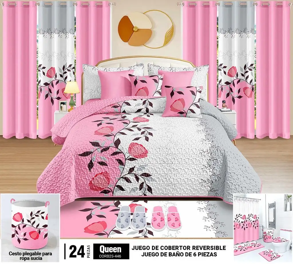 Customized 24pcs bedspread bedding set with shower curtain customized 100% cotton quilt set with toilet mat set