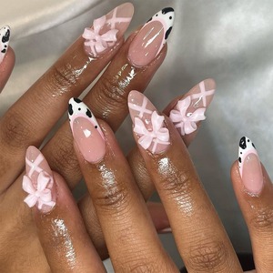24 unids/set suave acrílico 3601 <span class=keywords><strong>vaca</strong></span> francesa estampado Rosa dulce lazo corto almendra <span class=keywords><strong>uñas</strong></span> con arco prensa en las <span class=keywords><strong>uñas</strong></span> artificiales - Product Image 1