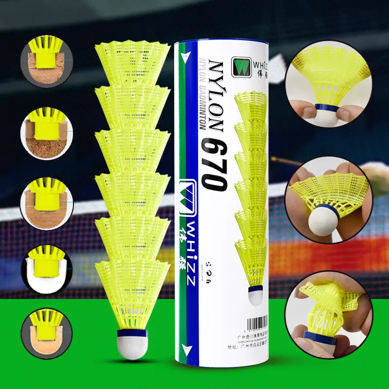 2022 New Arrival WHIZZ 6pcs super durable 5(g) stable flight white/yellow badminton nylon shuttlecock for racket