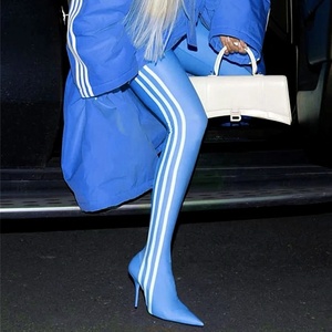 Skintight Stretch Wide Leg Fit Women's <b>Pants</b> <b>Boots</b> Thigh High Custom Long Booties 3 White Stripes Stiletto Heels Shoes - Product Image 2