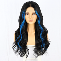 Wig Renda Depan Warna Highlight Biru Gelombang Alami Futura Wig Rambut Sintetis Tahan Panas untuk Populer Sehari-hari