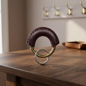 Porte-clés artisanal éco-responsable vintage avec sangle en cuir courbée et bords cousus, en laiton et cuir forgé à la main pour hommes et femmes - Product Image 1
