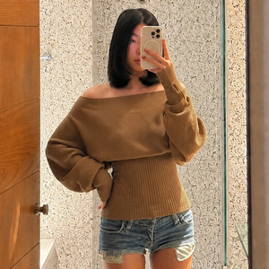 Suéter de Invierno para Mujer, con Hombros Descubiertos, Manga Abullonada, 100% Poliéster, Top Casual de Punto con Cintura Ajustable con Cordón, Corte Ajustado - Product Image 5