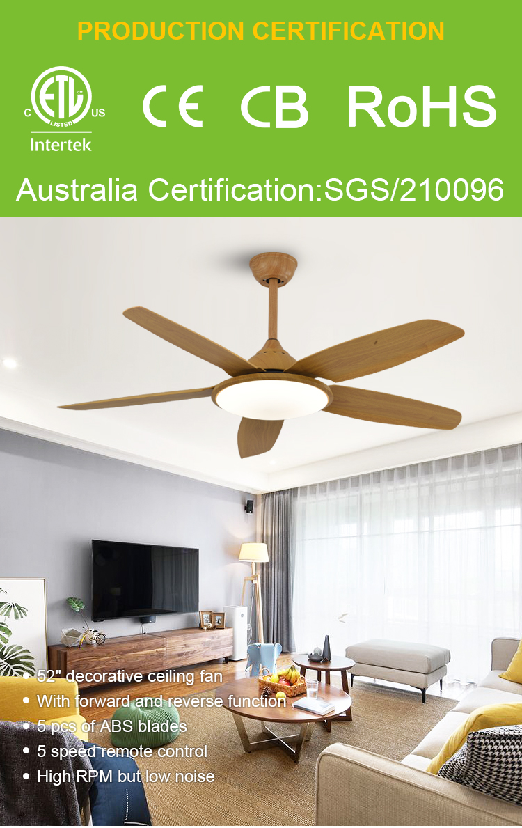 Breezelux modern PC blade indoor decorative ceiling fan led ceiling lights with fan industrial 52 inch led ceiling fan