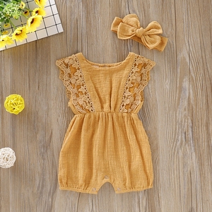 Combinaison d'été pour bébé fille, vêtements pour nouveau-né, barboteuse à manches évasées unie avec dentelle, combinaison pour bébé avec bandeau - Product Image 4