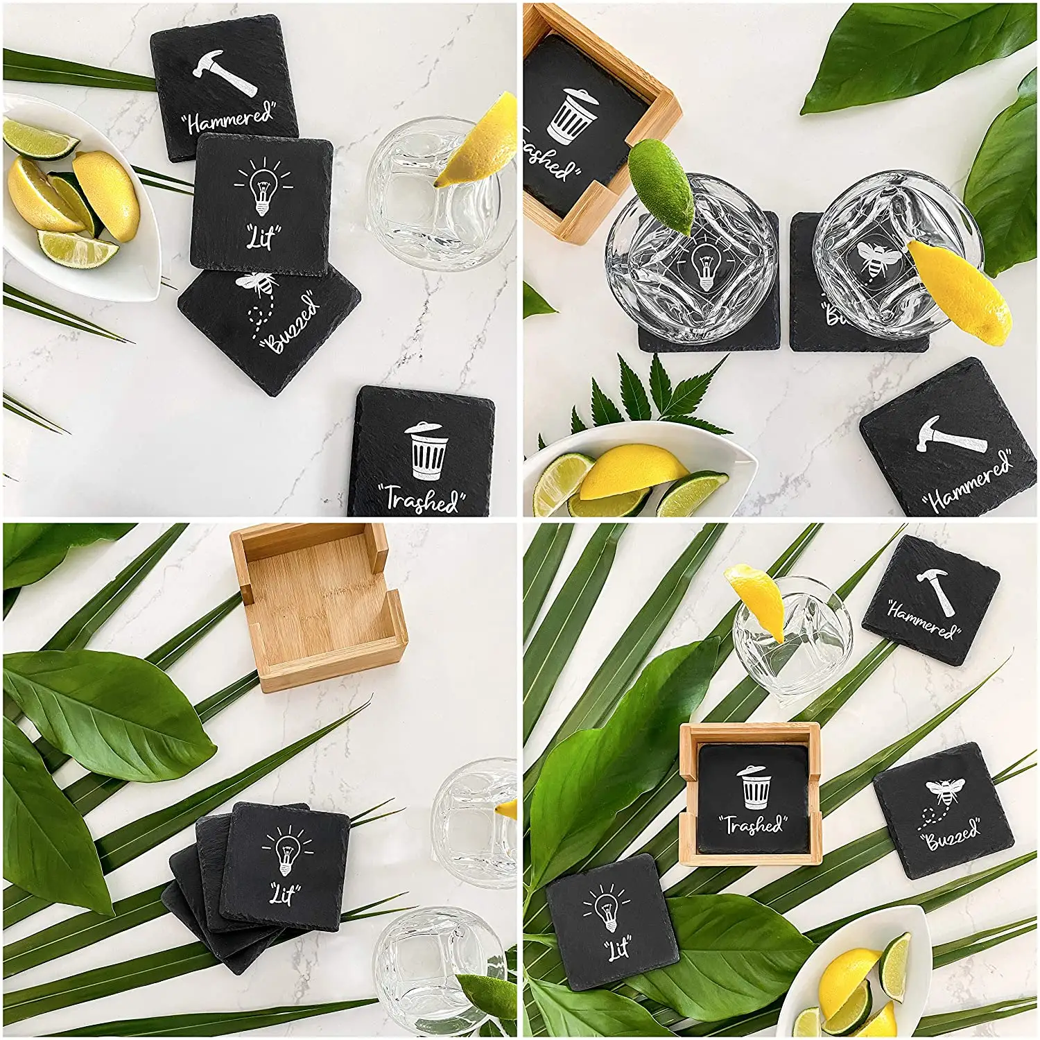 Conjunto de 4 porta-copos de bebidas em ardósia natural quadrados pretos personalizados com suporte de bambu com logotipo gravado para decoração de bar e casa