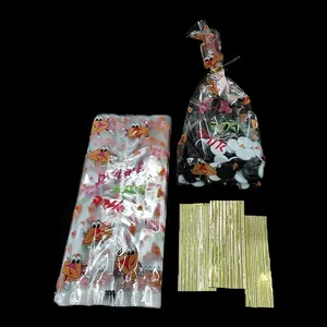 Custom New Style Transparent Tether Packaging Candy Popcorn Bakery Bread Gift OPP Cello Cellophane Plastic Bag With Twist Ties