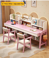 Bureau d'étude double en bois massif avec étagère, réglable en hauteur, pour deux enfants