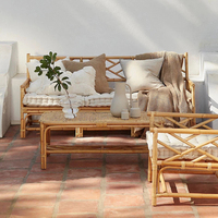 Canapé 3 places en rotin naturel, ensemble de canapés en rotin et bois pour salon et balcon, style simple et décontracté