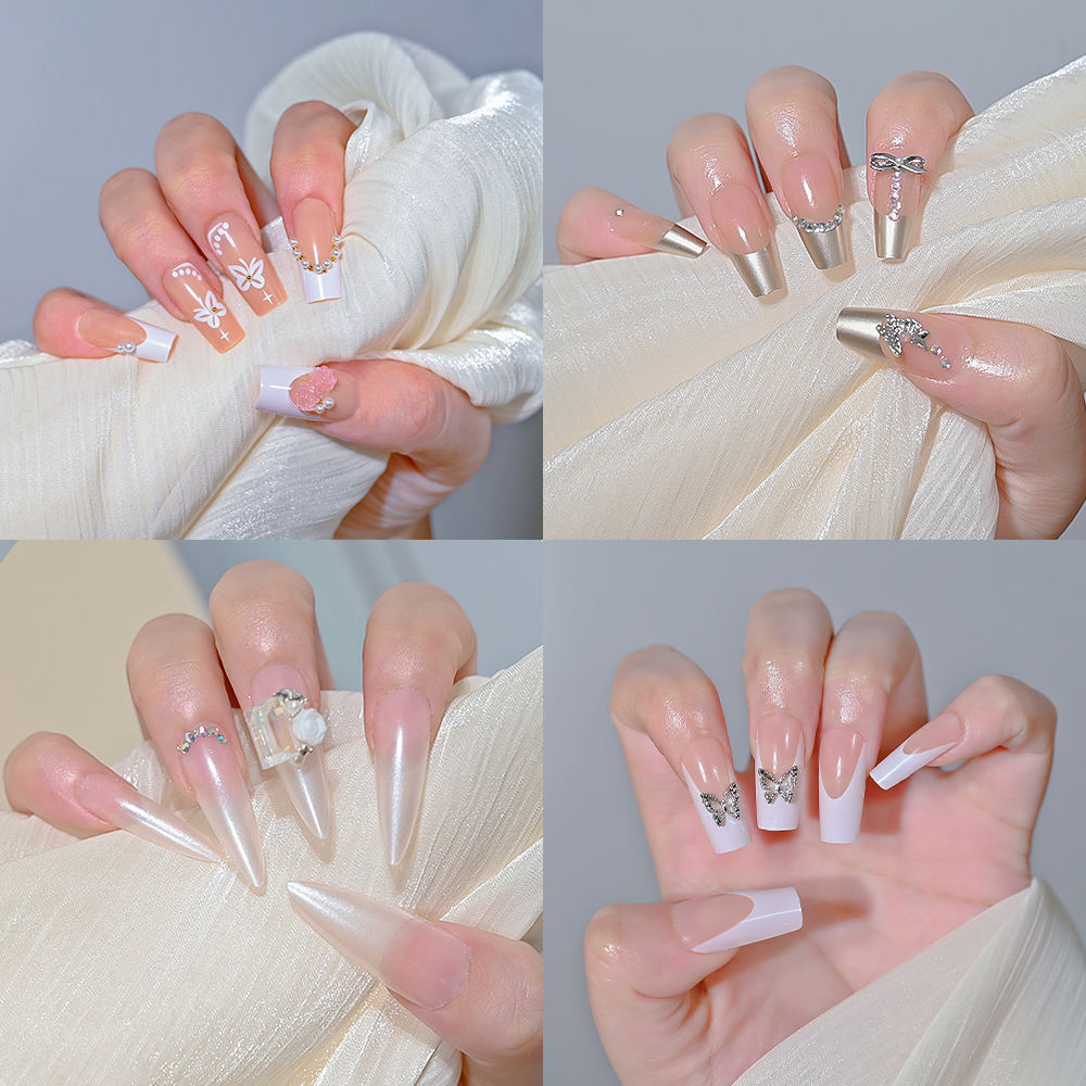 24Pcs/Set French Ballerina Short Press on Nails Butterfly Flowers Design Wearable False Nails Adhesive Full Cover Artificial