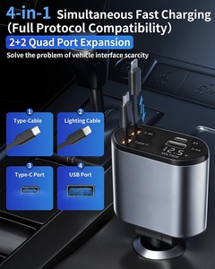 Chargeur rapide pour voiture, station de charge pour téléphone, 4 en 1, affichage numérique LED, 2 câbles rétractables, type C, chargeur de voiture portable - Product Image 5