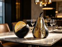 Décorations de bureau en résine personnalisées : Pomme créative en résine noire et argentée électroplaquée, poire orange