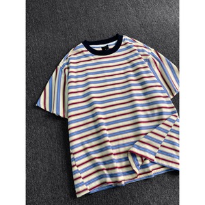 เสื้อยืดแขนสั้นคอกลมลายทางสำหรับผู้ชายลายสายรุ้งทรงหลวมสวมใส่สบายๆสำหรับวัยรุ่น - Product Image 1