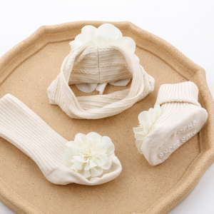 Set di calzini e fascia per capelli per neonati con fondo antiscivolo, decorazione floreale, spessore normale, per regalo neonato - Product Image 4