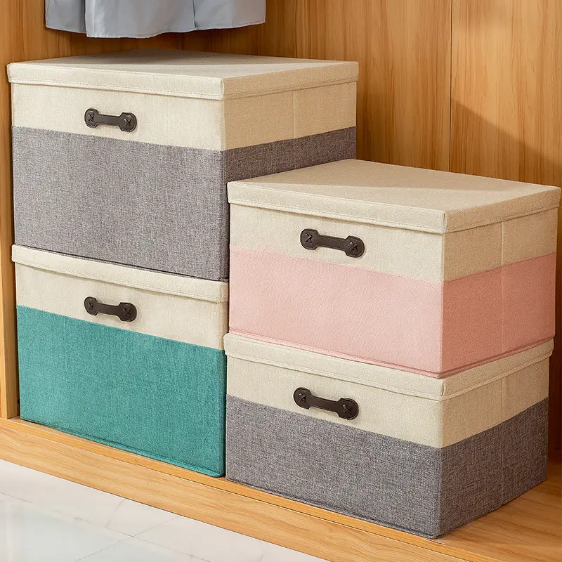 Contenitori pieghevoli in lino di cotone con coperchi scatola portaoggetti impilabile in tessuto per organizzare l'armadio della camera da letto