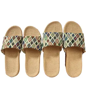 2024 trendi sandal Linen UNTUK WANITA Anti selip bersirkulasi sepatu rumah musim panas